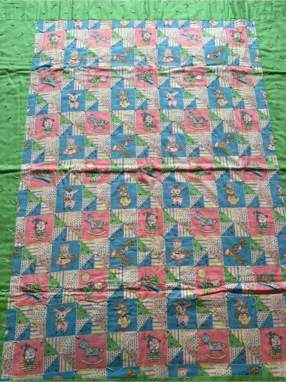 Vtg Baby Quilt Blanket 61.5” L  X 47” W Humpty Lamb Dog Train Doll Nursery Rhyme
